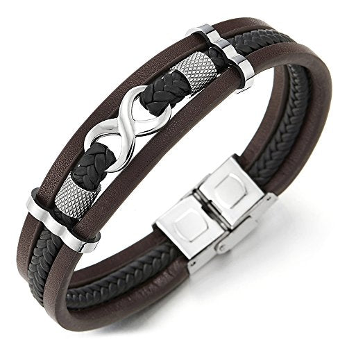 COOLSTEELANDBEYOND Three-Row Infinity Love Number 8 Friendship Braided Leather Bangle Wristband Bracelet