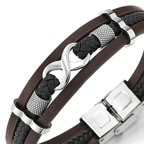 COOLSTEELANDBEYOND Three-Row Infinity Love Number 8 Friendship Braided Leather Bangle Wristband Bracelet