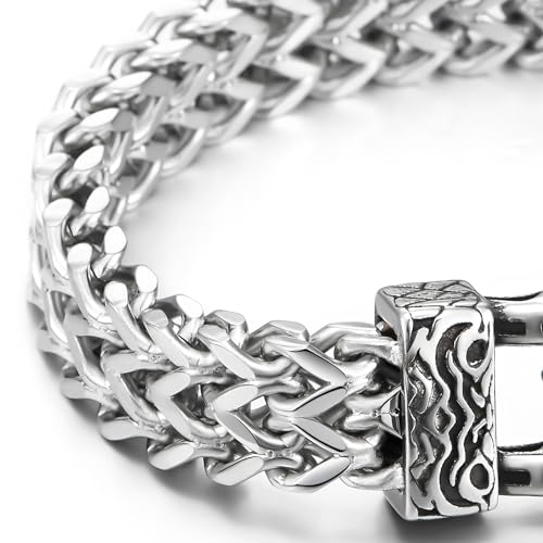 COOLSTEELANDBEYOND Steel Wolf Head Square Franco Chain Mens Biker Masculine Bracelet with Spring Clasp