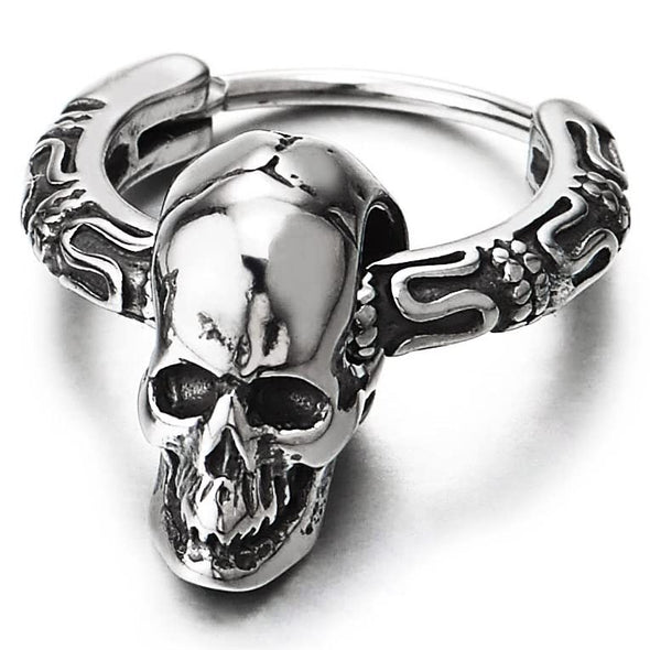 Stainless Steel Circle Huggie Hoop Earrings With Vintage Skull Charms - 26mm, Hinged Closure, 2 Pairs For Men & Women