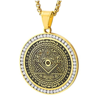 COOLSTEELANDBEYOND Circle Pendant All-seeing Eye of God Inside Triangle Pyramid, Gold Black with CZ, Mens Necklace