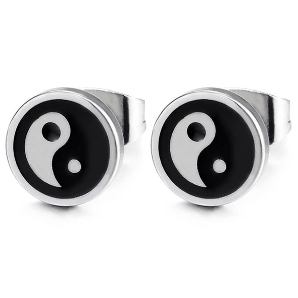 Pair Stainless Steel Circle Yin-Yang Stud Earrings with Black Enamel, for Men Women