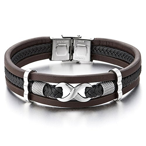 COOLSTEELANDBEYOND Three-Row Infinity Love Number 8 Friendship Braided Leather Bangle Wristband Bracelet