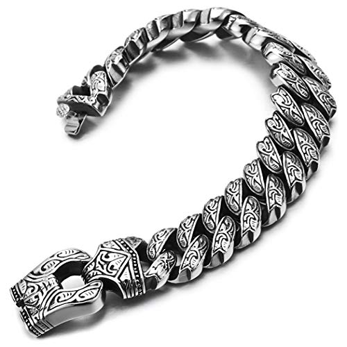 COOLSTEELANDBEYOND Mens Steel Vintage Fancy Curb Chain Bracelet with Tribal Tattoo Pattern, Retro Style, Masculine