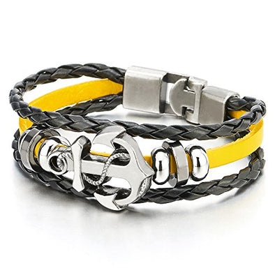COOLSTEELANDBEYOND Mens Women Anchor Braided Leather Bracelet Multi-Strand Wristband Wrap Bracelet