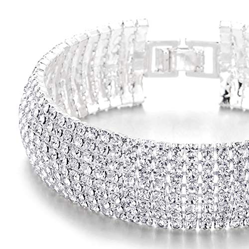 COOLSTEELANDBEYOND Sparkling Womens Crystal Rhinestones Cluster Wide Bangle Bracelet, Necklace, Luxury