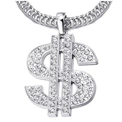 COOLSTEELANDBEYOND Hip Hop Punk Large US Dollar Money Sign Pendant with Rhinestones Necklace for Men Women
