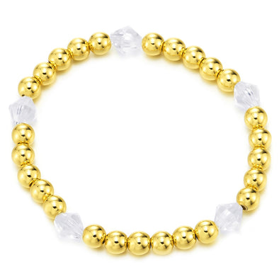COOLSTEELANDBEYOND Womens Gold Color Beads Bracelet, with White Faceted Bicone Crystal Beads