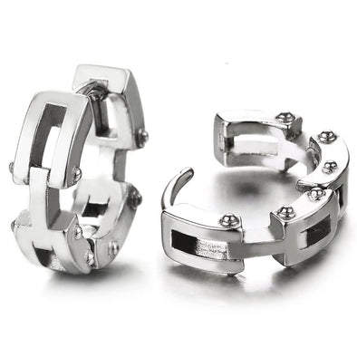 Mens Women Stainless Steel Bike Chain Link Design Huggie Hinged Hoop Earrings 2 pcs