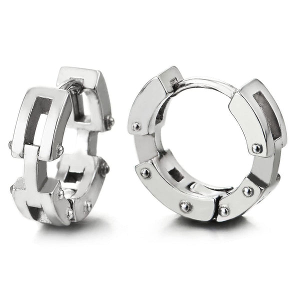 Mens Women Stainless Steel Bike Chain Link Design Huggie Hinged Hoop Earrings 2 pcs