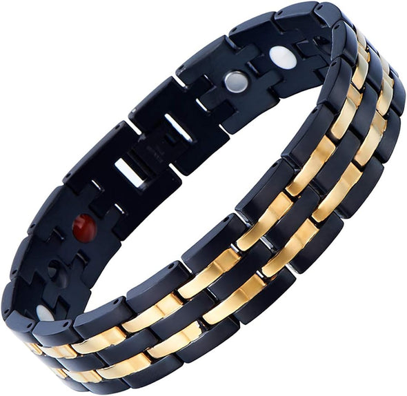 COOLSTEELANDBEYOND Exquisite Stainless Steel Mens Magnetic Bracelet Gold Black with Magnets and Free Link Removal Tool