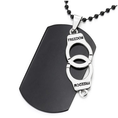 COOLSTEELANDBEYOND Black Dog Tag and Handcuff Pendant Necklace for Men, Silver Black, 27 Inches Ball Chain, Punk Rock