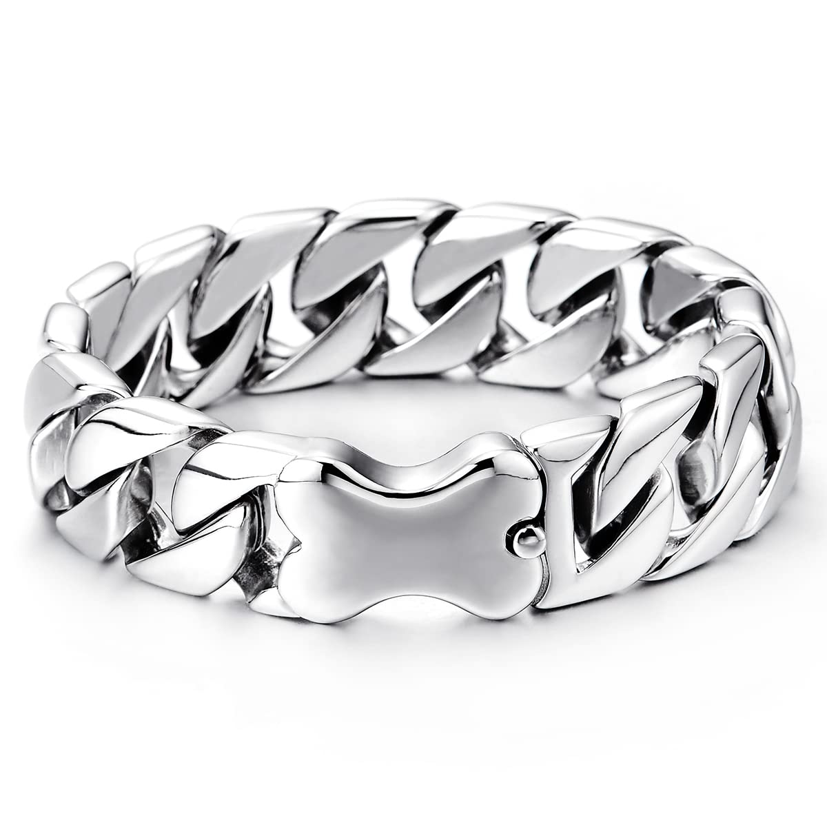COOLSTEELANDBEYOND Men's Stainless Steel Curb Chain Bangle Bracelet - Polished Silver Or Black, 8.66" Length | Bold Masculine Jewelry