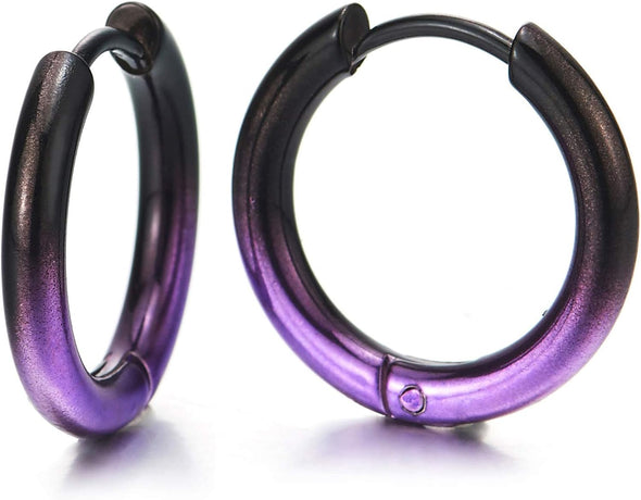 Pair Stainless Steel Oxidized Plain Circle Huggie Hinged Hoop Earrings for Men Women