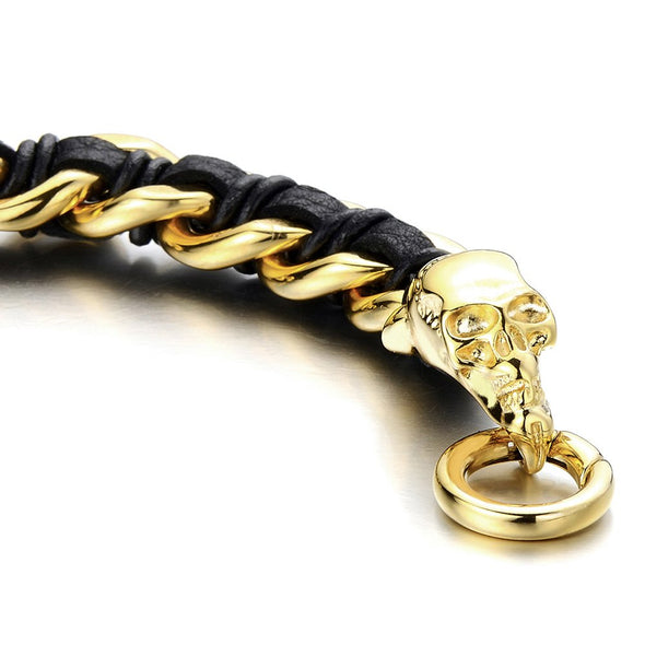 COOLSTEELANDBEYOND Stainless Steel Mens Gold Skull Curb Chain Bracelet Interwoven with Black Genuine Braided Leather