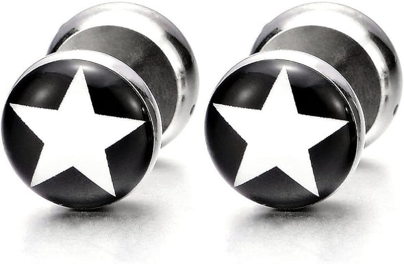 10MM Black White Pentagram Steel Stud Earrings for Men Women, Illusion Tunnel Fake Ear Plugs Gauges