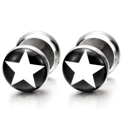 10MM Black White Pentagram Steel Stud Earrings for Men Women, Illusion Tunnel Fake Ear Plugs Gauges