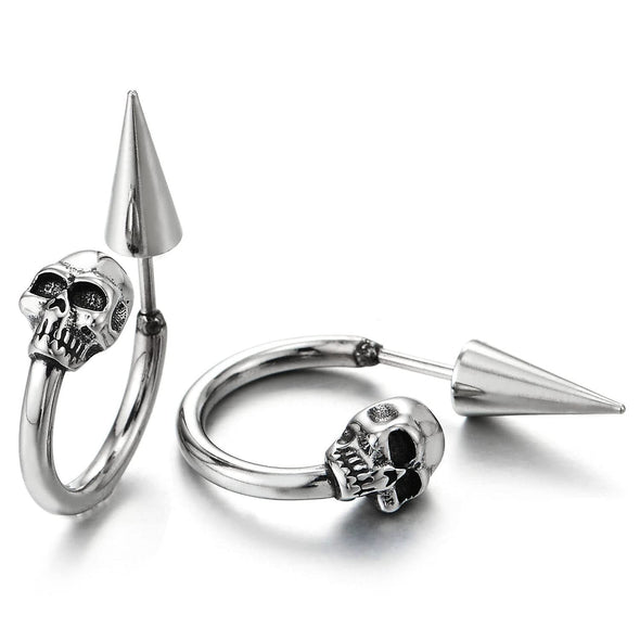 Half Hoop Skull Stud Earrings for Man Women, Stainless Steel, Spiked Screw Back, 2 pcs