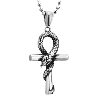 COOLSTEELANDBEYOND Stainless Steel Cobra Snake Cross Pendant Necklace for Men Women, 24 Inches Ball Chain