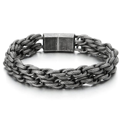 COOLSTEELANDBEYOND Mens Stainless Steel Double-Row Interwoven Link Chain Bracelet, Old Metal Finishing