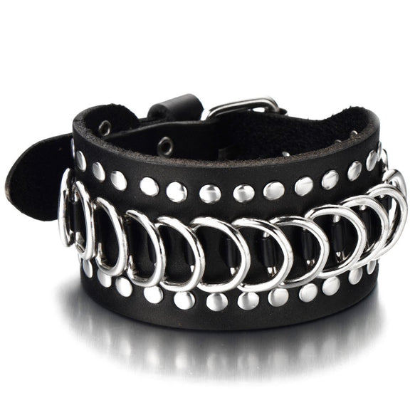 COOLSTEELANDBEYOND Gothic Punk Mens Wide Black Leather Bracelet Wristband Accented with Chain and Rivets