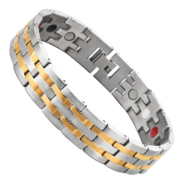 COOLSTEELANDBEYOND Exquisite Stainless Steel Mens Magnetic Bracelet Gold Black with Magnets and Free Link Removal Tool