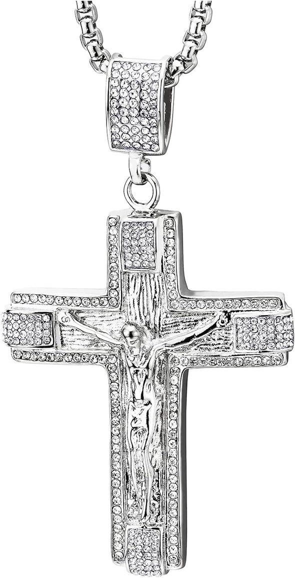 COOLSTEELANDBEYOND Mens Womens Steel Large Jesus Christ Crucifix Cross Pendant Necklace with Cubic Zirconia