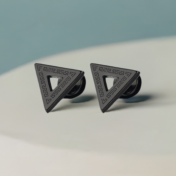 Stainless Steel Mens Triangle Stud Earrings with Greek Key Pattern, Screw Back 2pcs
