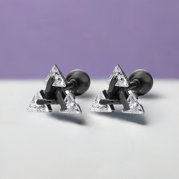Black Stainless Steel Triangle Cubic Zirconia Stud Earrings for Men and Women, Screw Back Post, 2pcs, Ideal for Adding Sparkle to Everyday Outfits or Special Occasions