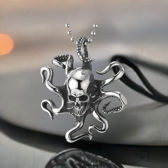 Stainless Steel Mens Womens Vintage Octopus Skull Pendant Necklace with 30 inches Ball Chain