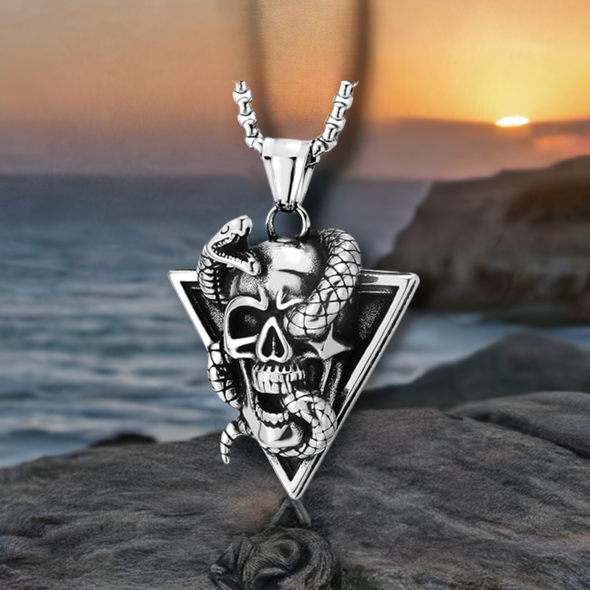 COOLSTEELANDBEYOND Triangle Snake Skull Pendant, Men Stainless Steel Necklace, Punk Rock, 30 inches Wheat Chain