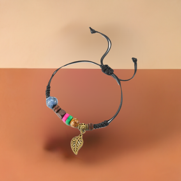 COOLSTEELANDBEYOND Vintage Leaf Bracelet, Colorful Bead Charm, Women Wristband Wrap Bracelet Adjustable, Bohemian Boho
