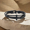COOLSTEELANDBEYOND Multi-Strand Leather Bangle Bracelet - Stainless Steel & Black Leather, Unisex, 8.27 Inch