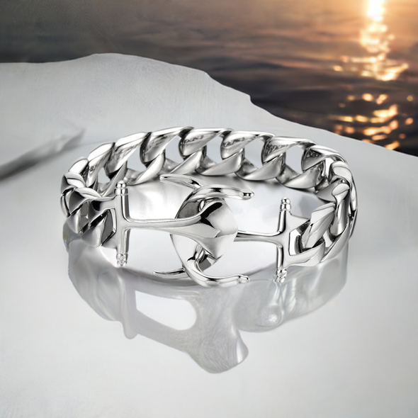 Exquisite Stainless Steel Mens Marine Anchor Curb Chain Bangle Bracelet Silver Color Polished