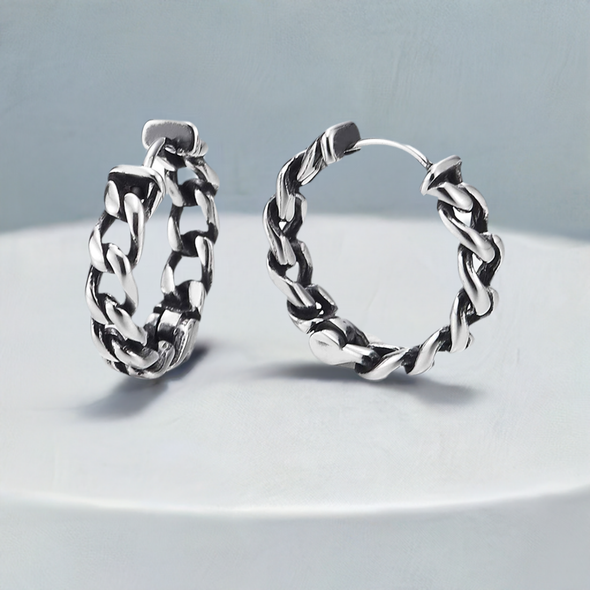 Pair Stainless Steel Vintage Tribal Curb Chain Wreath Huggie Hinged Hoop Earrings Unisex Men Women