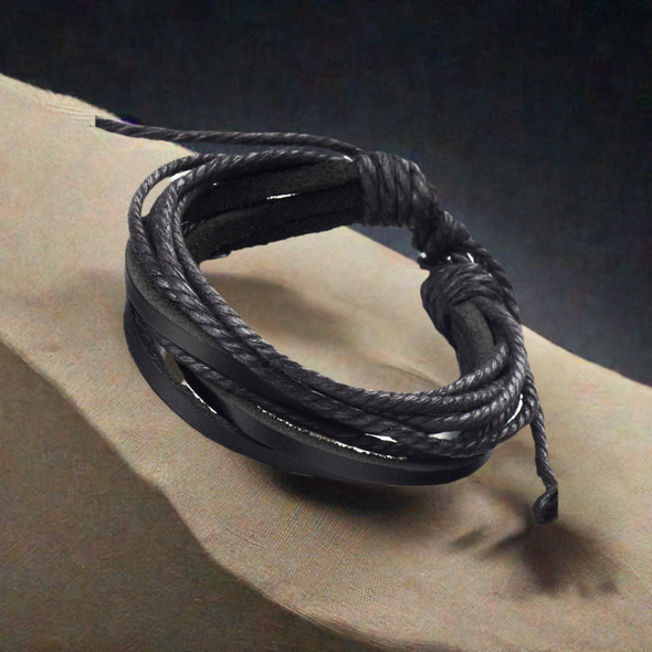 Multi-strand Mens Black Braided Leather Rope Bracelet | Genuine Leather Wristband Wrap Bracelet