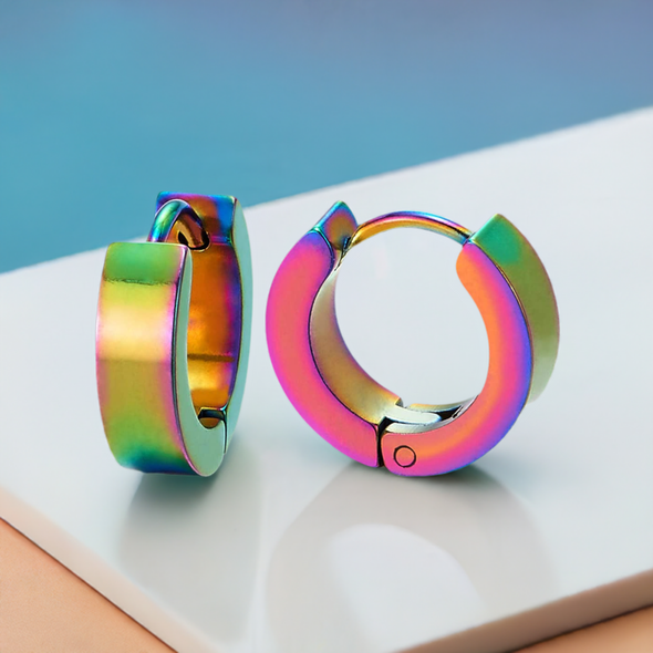 Oxidized Rainbow Huggie Hinged Hoop Earrings, Unisex Men Women, Pair