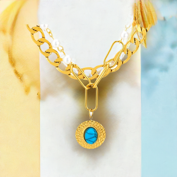 Hip Hop Gold Color Chain Layered Necklace, Two-strand Pearl Necklace with Circle Turquoise Charm