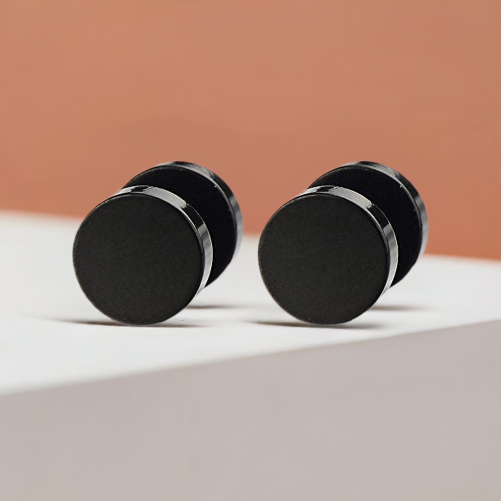 thumbnail image 2 of Black Fake Gauges Earrings – Faux Tunnel Plugs In Surgical Steel (Pair) 2 of 5