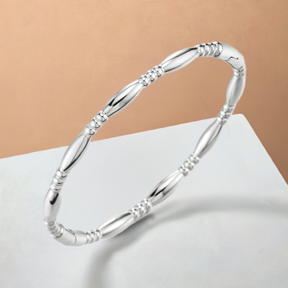 COOLSTEELANDBEYOND Stylish Bangle Bracelet for Women Stainless Steel, Bead and Bar Design, Polished