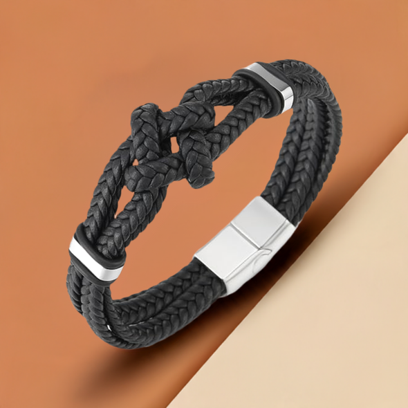 COOLSTEELANDBEYOND Black Braided Leather Bracelet, Friendship Nautical Knot, Mens Wristband, Steel Clasp