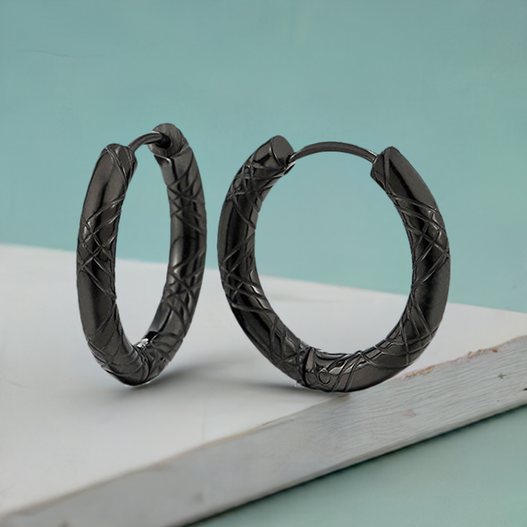 Black Grooved Circle Huggie Hinged Hoop Earrings for Men and Women, Stainless Steel, 2pcs, Versatile Design for Everyday Style or Special Occasions