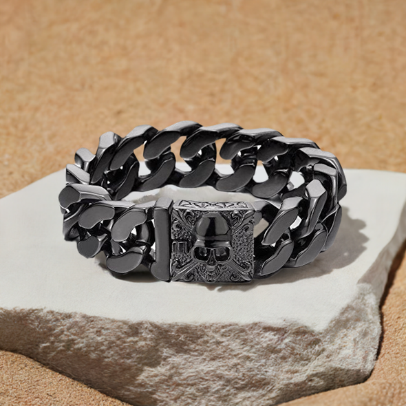 Heavy Duty Stainless Steel Large Curb Chain Bracelet with Fleur De Lis and Skull, Biker Gothic Jewelry, Chunky Unique Design, Gift for Men