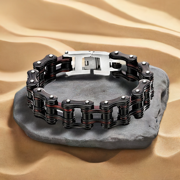 Masculine Bike Chain Bracelet for Men, Crafted from Two-Tone Polished Stainless Steel, Perfect for Casual Wear or Biker-Themed Events