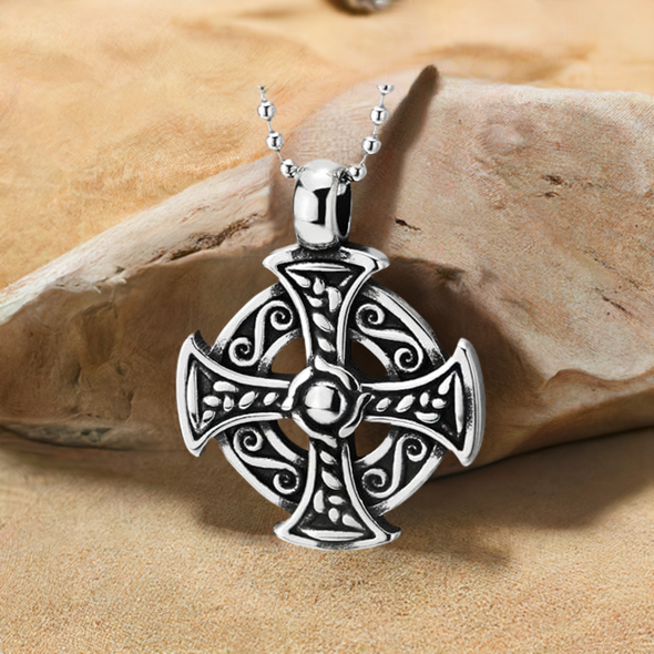 COOLSTEELANDBEYOND Stainless Steel Celtic Cross Pendant Vintage Pattern, Mens Women Necklace with 30 in Ball Chain