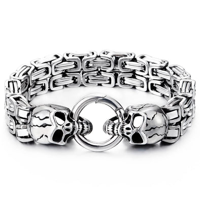 Mens Stainless Steel Two-strand Braided Byzantine Chain Bracelet with Skulls and Spring Ring Clasp - COOLSTEELANDBEYOND Jewelry
