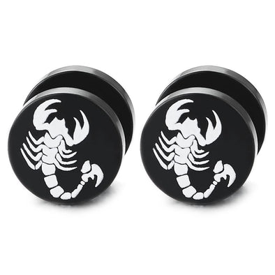 Black Circle White Scorpion Screw Stud Earrings for Men, Steel Fake Ear Plugs Gauges Tunnel - COOLSTEELANDBEYOND Jewelry