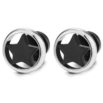 Pair 10MM Stainless Steel Silver Circle Frame Black Star Stud Earrings for Man Women, Screw Back - COOLSTEELANDBEYOND Jewelry