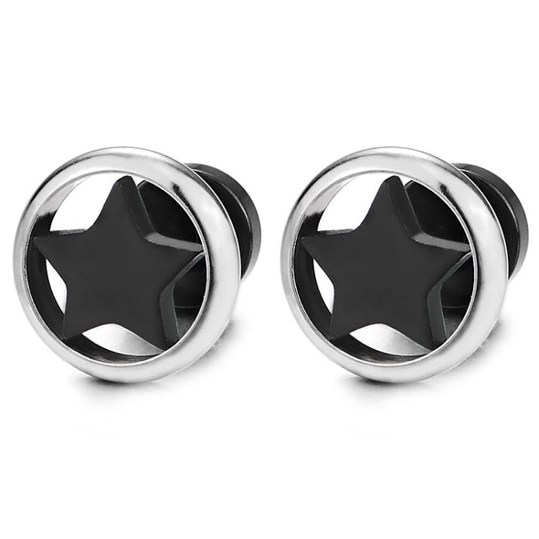 Pair 10MM Stainless Steel Silver Circle Frame Black Star Stud Earrings for Man Women, Screw Back - COOLSTEELANDBEYOND Jewelry