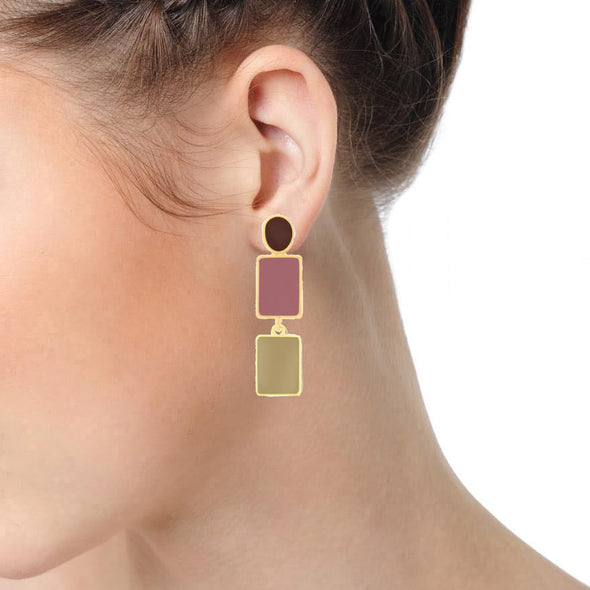 Gold Color Circle Rectangles Statement Drop Dangle Stud Earrings with Enamel